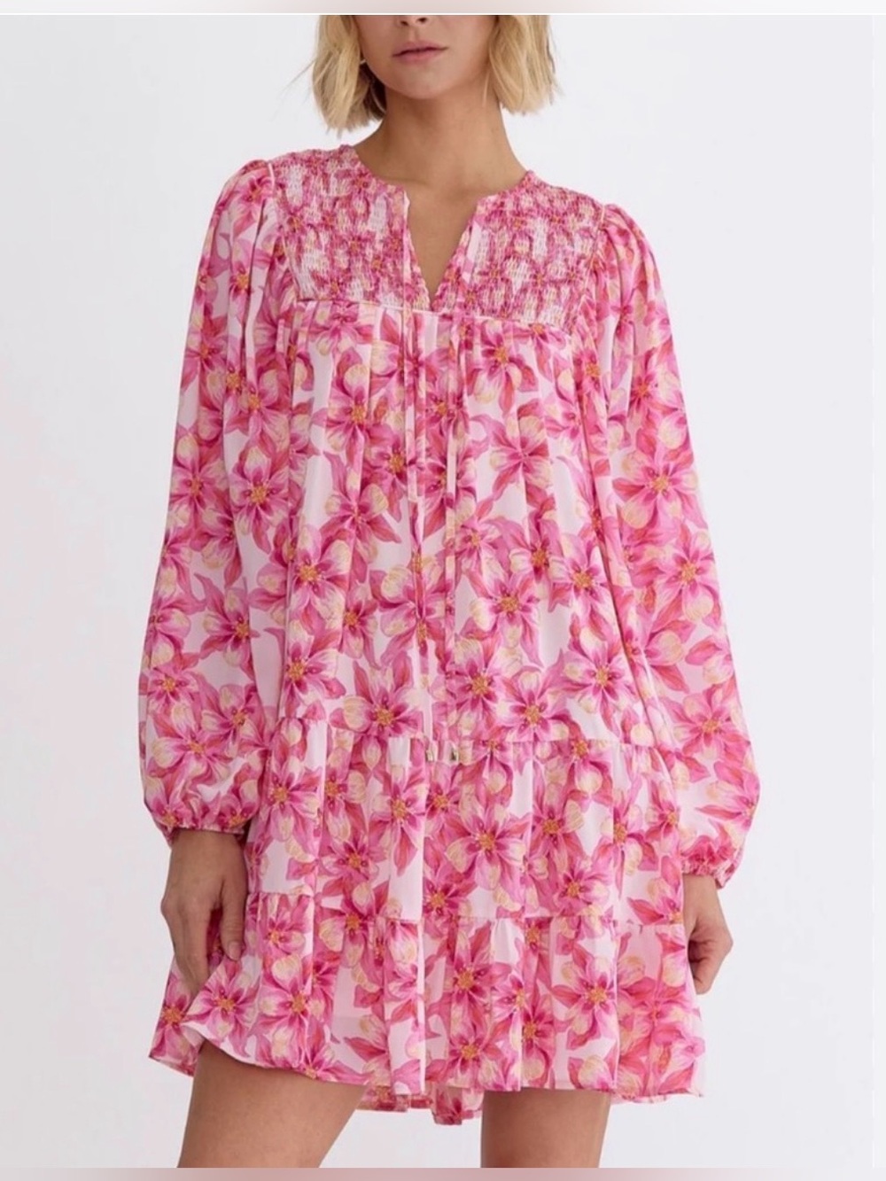 ENTRO Pink Floral Bloom Tie Neck Mini Dress - Small
